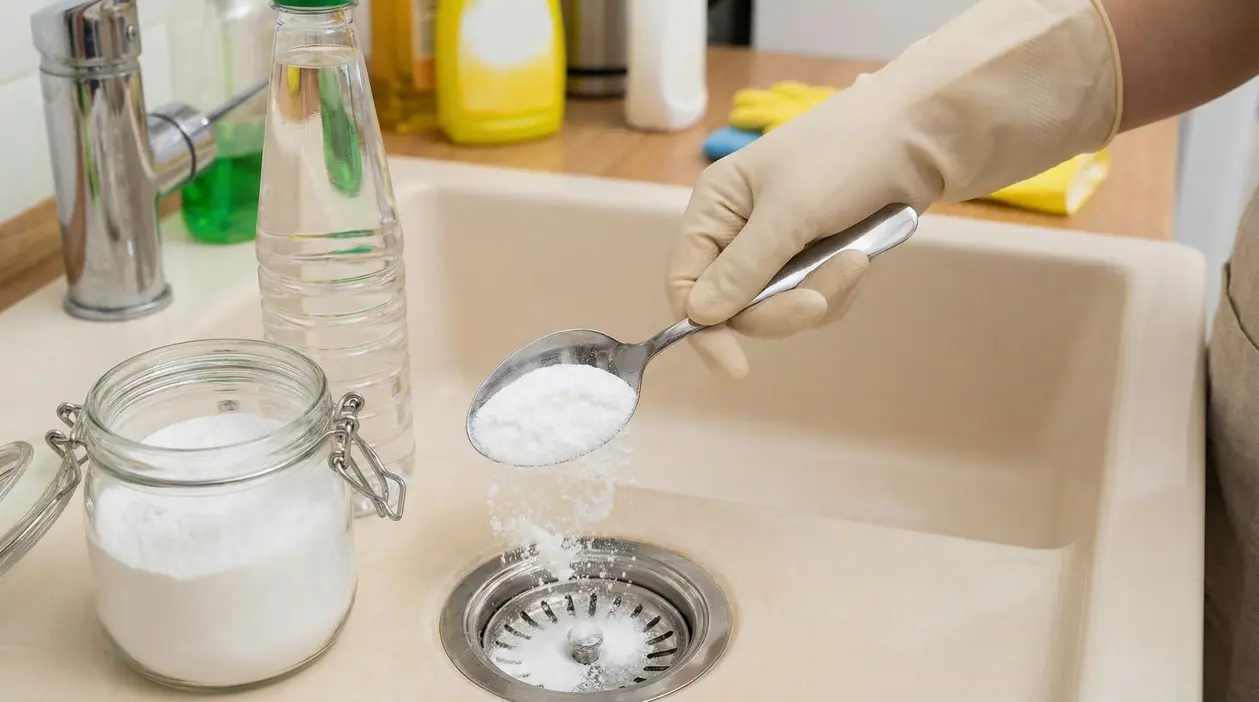 Mano con guanto versa bicarbonato nello scarico del lavandino