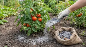 Cenere distribuita alla base di una pianta di pomodoro in un orto.