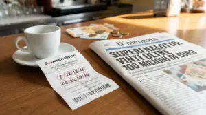 Biglietto del Superenalotto su un tavolo accanto a una tazzina di caffè e un giornale