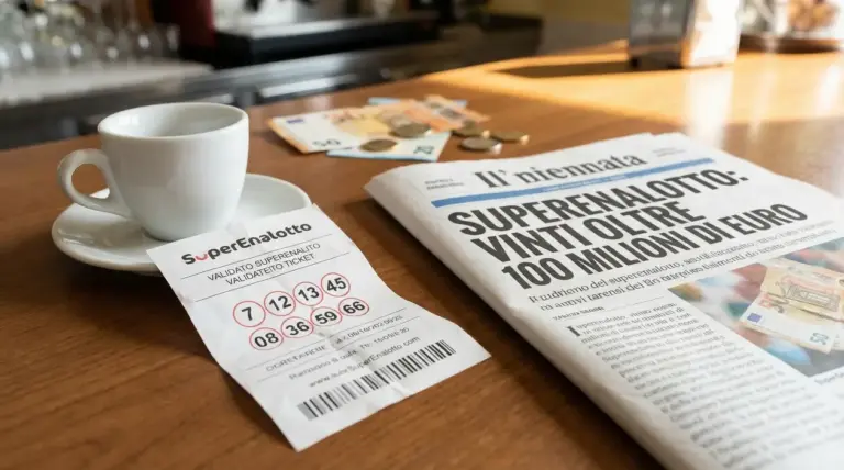 Biglietto del Superenalotto su un tavolo accanto a una tazzina di caffè e un giornale