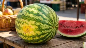 Anguria intera con buccia striata e una fetta tagliata su un banco di mercato