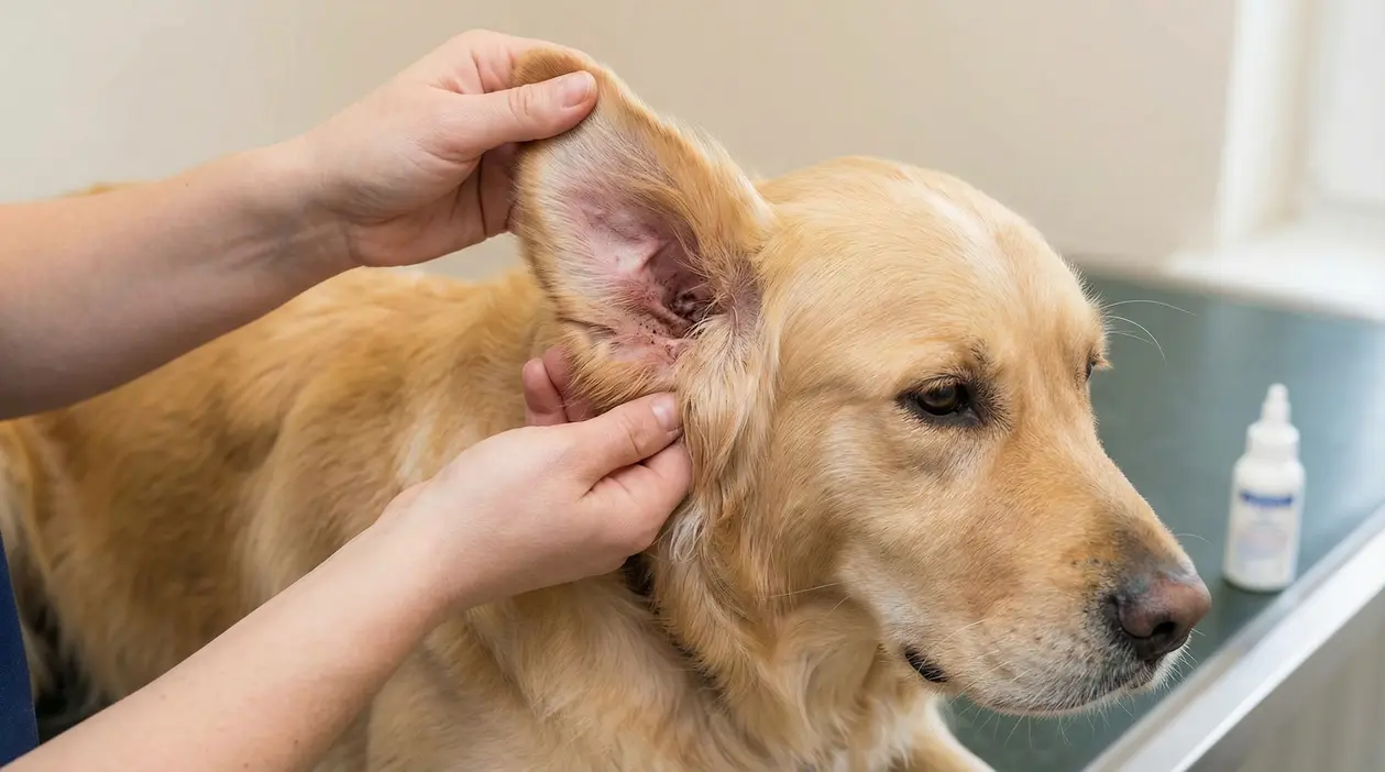 Persona controlla l'orecchio di un cane per verificare segni di infezione