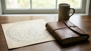 Carta astrologica su un tavolo accanto a un taccuino di cuoio e una tazza