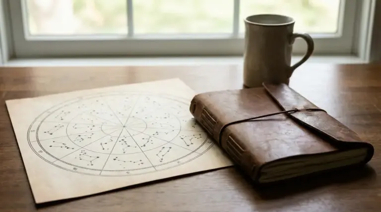 Carta astrologica su un tavolo accanto a un taccuino di cuoio e una tazza