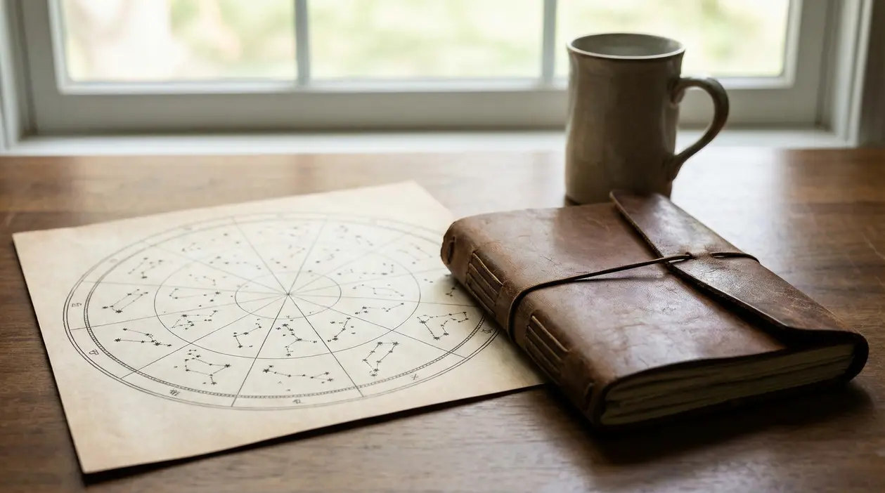 Carta astrologica su un tavolo accanto a un taccuino di cuoio e una tazza
