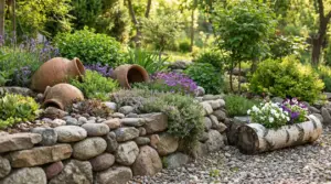 Giardino decorato con anfore, tronchi e piante su muretti a secco