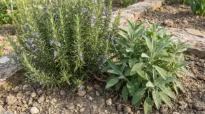 Rosmarino e salvia piantati vicini in un orto soleggiato