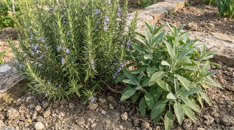 Rosmarino e salvia piantati vicini in un orto soleggiato