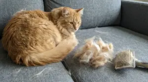 Gatto arancione sdraiato su un divano accanto a ciuffi di pelo e una spazzola