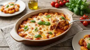 Gnocchi alla sorrentina al forno con mozzarella filante e foglie di basilico fresco