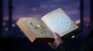 Una persona tiene un libro antico con simboli zodiacali e un'immagine dorata di uno scorpione