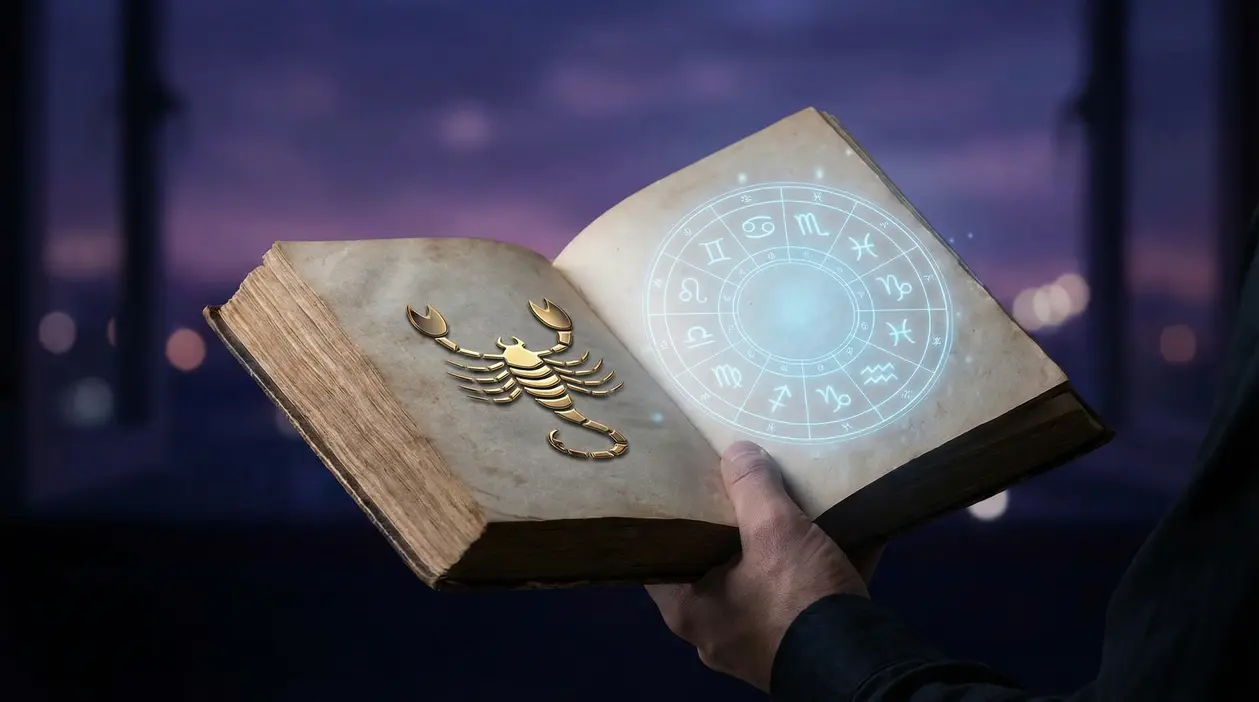 Una persona tiene un libro antico con simboli zodiacali e un'immagine dorata di uno scorpione