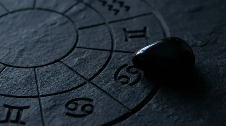 Simbolo zodiacale del Cancro inciso su una superficie scura con una pietra nera appoggiata sopra