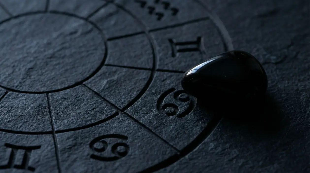 Simbolo zodiacale del Cancro inciso su una superficie scura con una pietra nera appoggiata sopra