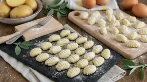 Gnocchi fatti in casa disposti su un piano infarinato con patate ed erbe fresche