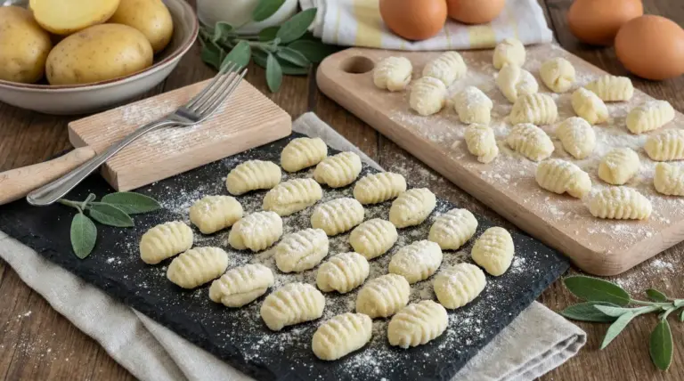 Gnocchi fatti in casa disposti su un piano infarinato con patate ed erbe fresche