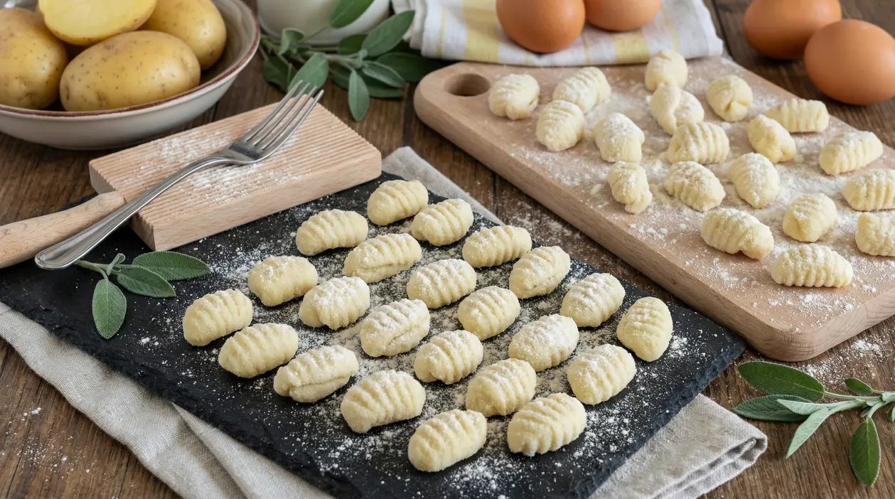 Gnocchi fatti in casa disposti su un piano infarinato con patate ed erbe fresche