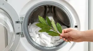 Una mano tiene un rametto di alloro davanti a una lavatrice con panni bianchi al suo interno