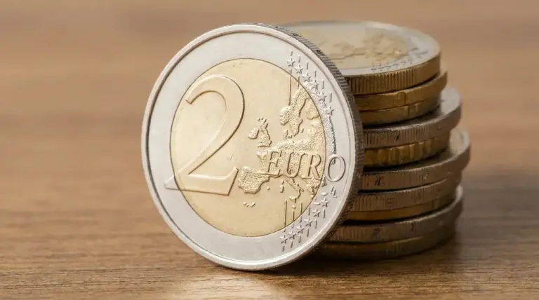 Monete da 2 euro impilate su un tavolo in legno