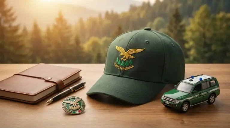 Berretto del Corpo Forestale con distintivo, taccuino e modellino di fuoristrada su tavolo di legno
