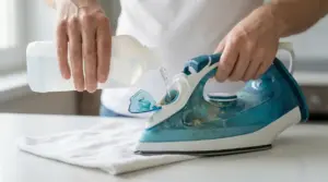 Persona che versa un liquido trasparente nel serbatoio di un ferro da stiro sporco