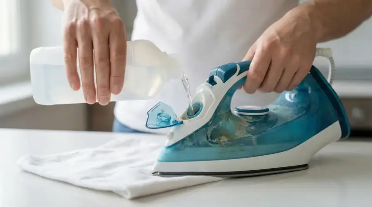 Persona che versa un liquido trasparente nel serbatoio di un ferro da stiro sporco