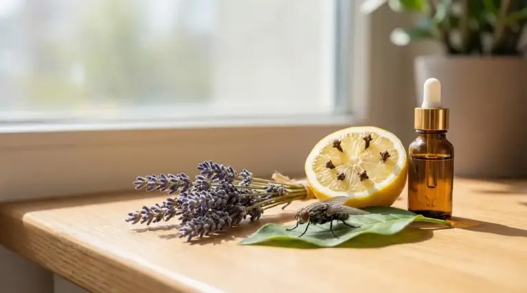 Rimedio naturale contro le mosche con lavanda, limone, olio essenziale e una mosca su una foglia