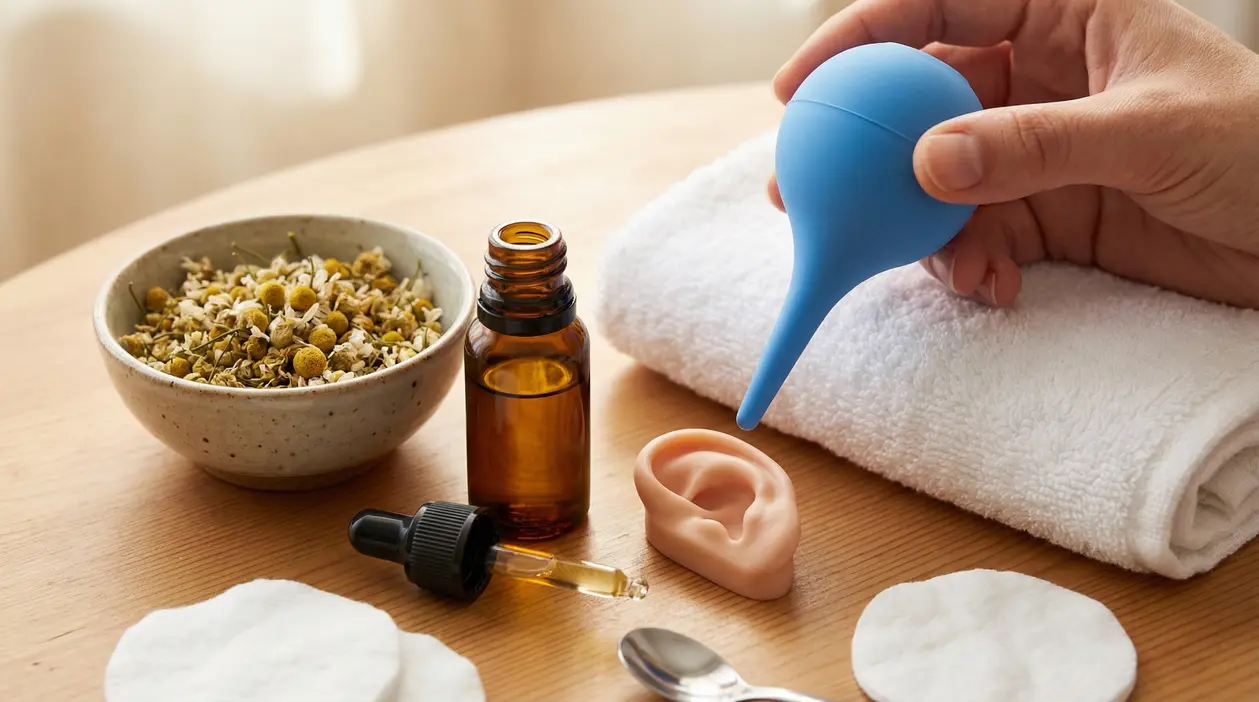 Rimedi naturali per la pulizia dell'orecchio con oli, camomilla e siringa auricolare