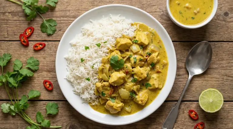 Piatto di riso basmati con pollo al curry servito con coriandolo e peperoncino.