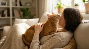 Gatto arancione che lecca affettuosamente una persona sdraiata sul divano