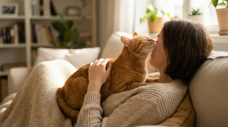 Gatto arancione che lecca affettuosamente una persona sdraiata sul divano
