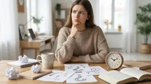 Persona pensierosa seduta a un tavolo con segni zodiacali e simboli di domanda