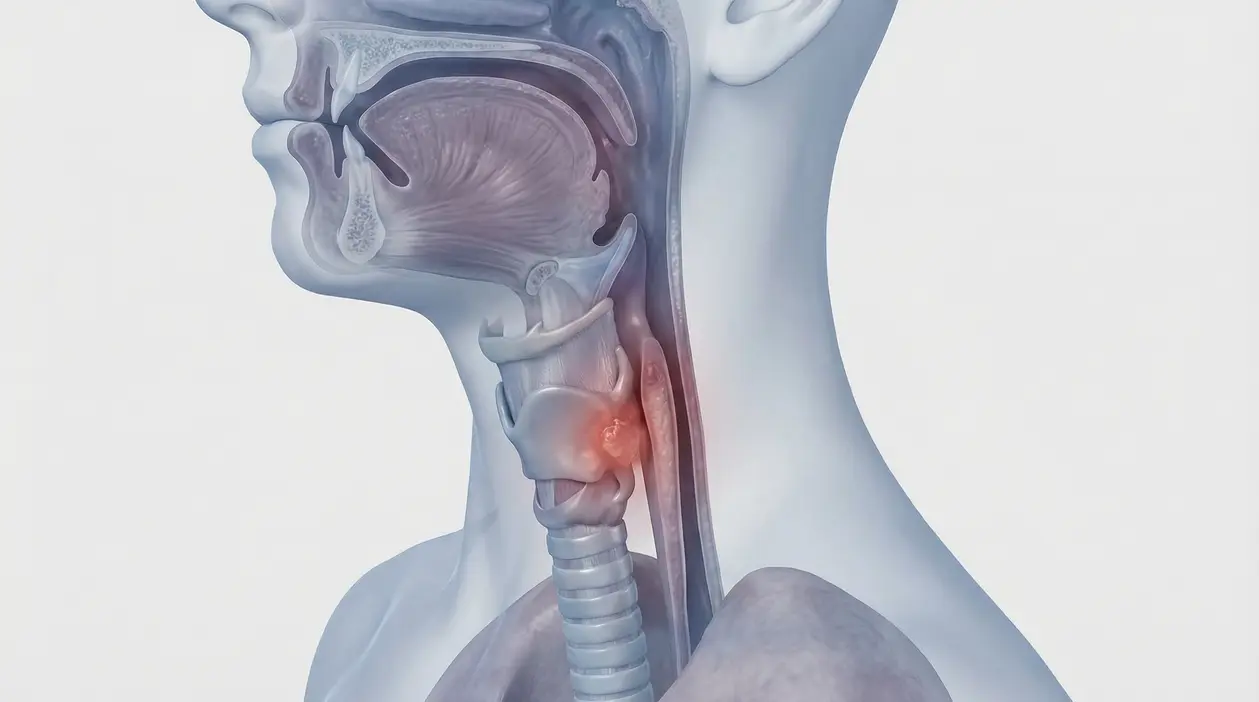 Illustrazione medica della gola con evidenza di un'infiammazione nella zona laringea