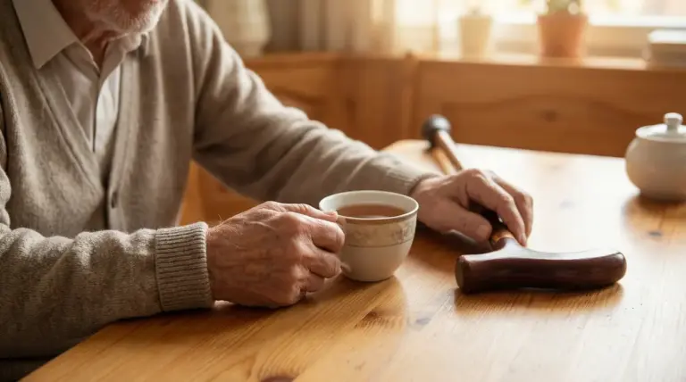 Anziano seduto a tavola con una tazza di tè in mano e un bastone appoggiato sul tavolo