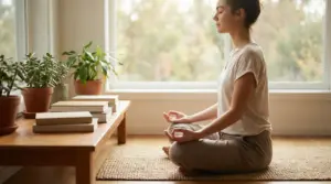 Persona seduta a gambe incrociate che medita vicino a una finestra, con piante e libri su un tavolo