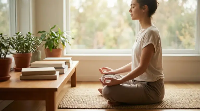 Persona seduta a gambe incrociate che medita vicino a una finestra, con piante e libri su un tavolo