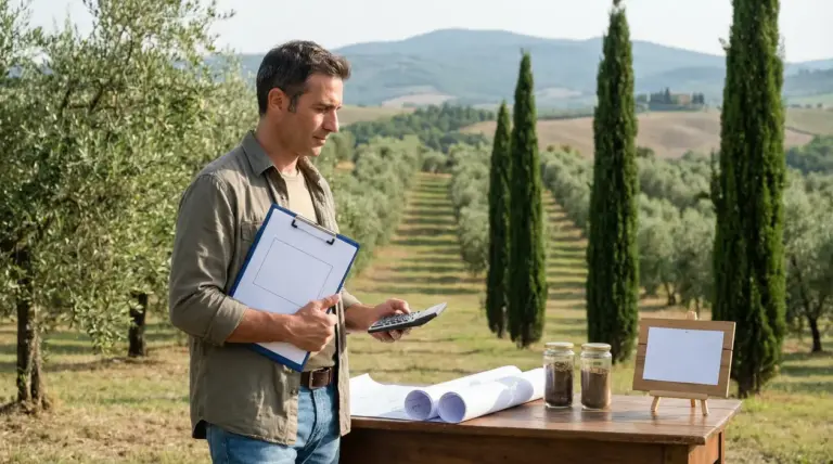 Persona in campo agricolo con documenti, calcolatrice e campioni di terreno su un tavolo