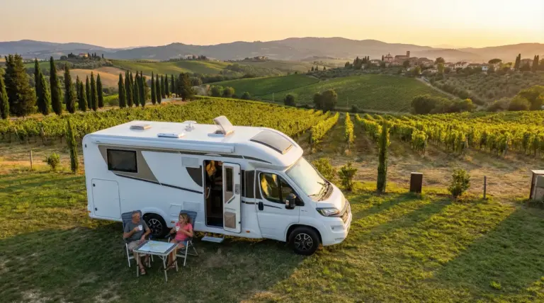 Camper parcheggiato vicino a vigneti con due persone sedute all'aperto al tramonto