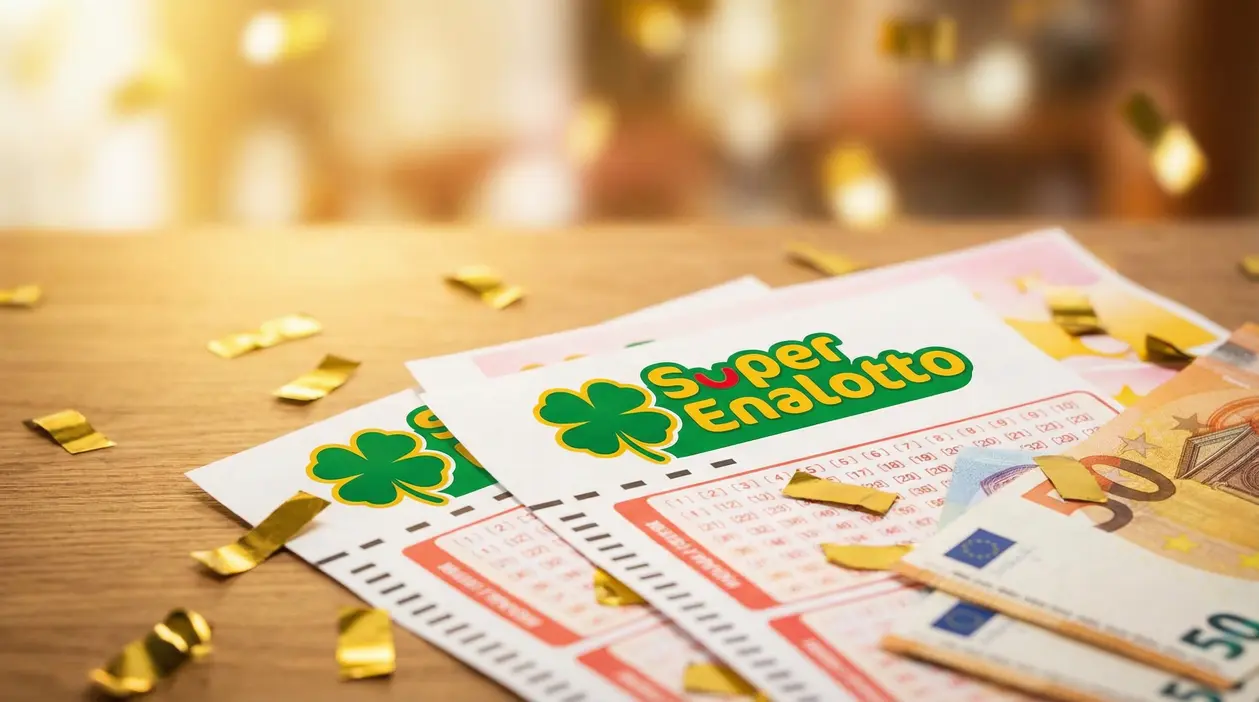 Schedine del Superenalotto su un tavolo con banconote e coriandoli dorati