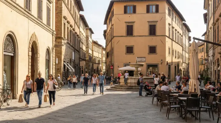 Persone che passeggiano in una piazza pedonale con caffè all’aperto e una fontana centrale