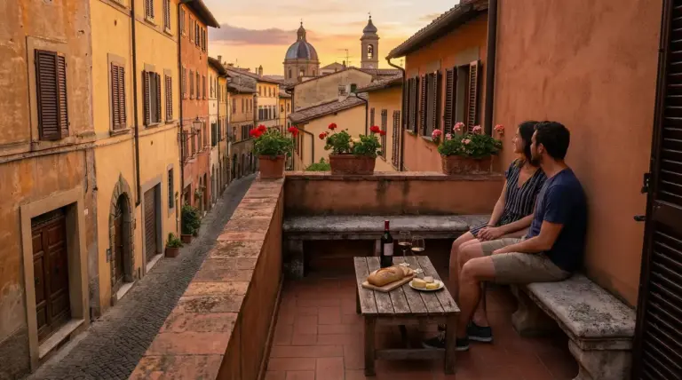 Coppia seduta su una terrazza con vista su una strada storica al tramonto